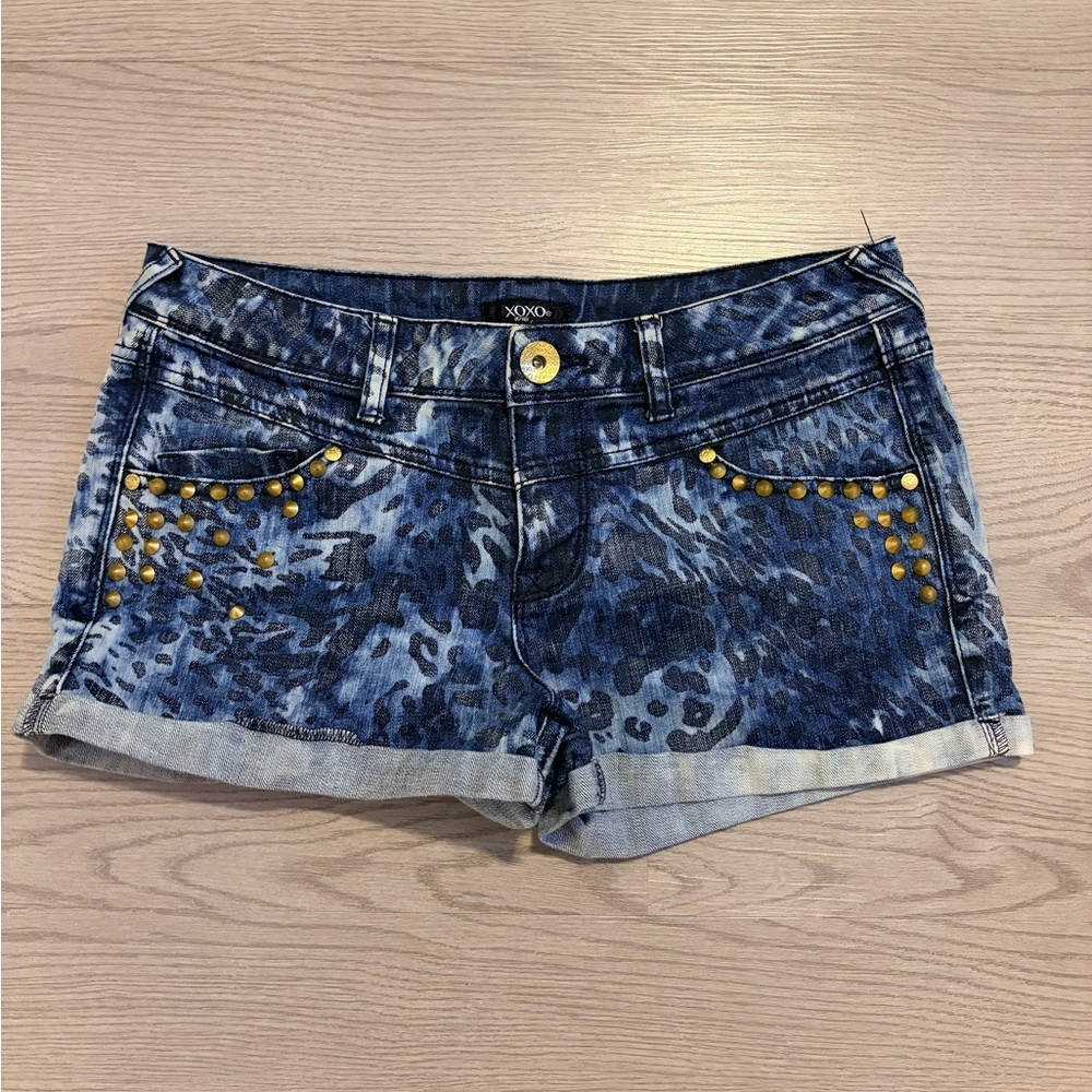 XOXO Leopard Print Denim Shorts with Gold Studs